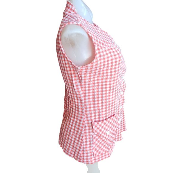 Medium Vintage Granny Western Top Red White Gingham Sleeveless Blouse 1970's - Picture 4 of 7